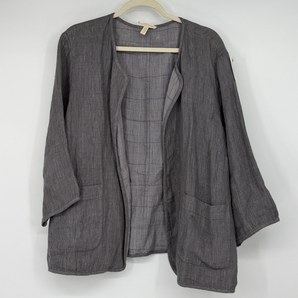 Eileen Fisher Gray Linen Blend Open Front Jacket Pockets Plus Size 1X Coastal
